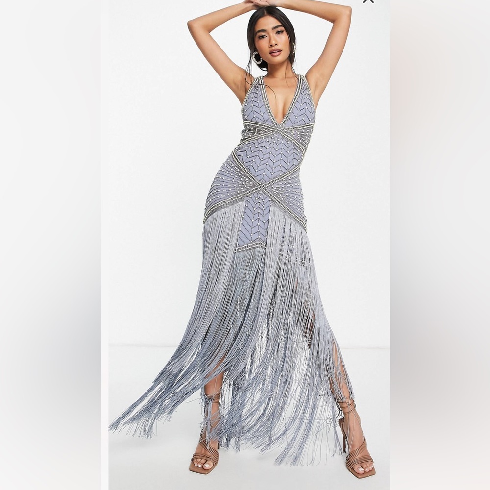 ASOS DESIGN Pearl embellished maxi dress with fringe hem in blue